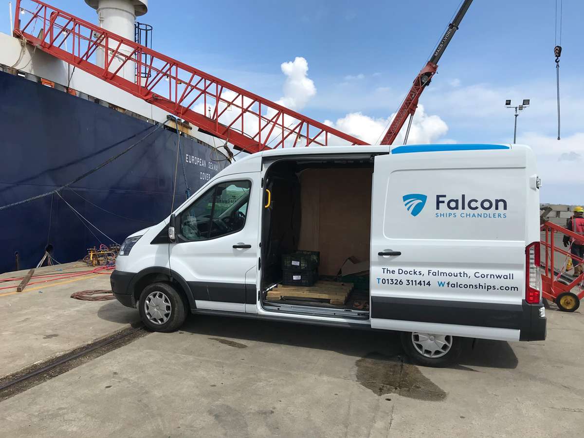 Falcon Ships Chandlers van delivering to a ship at the docks