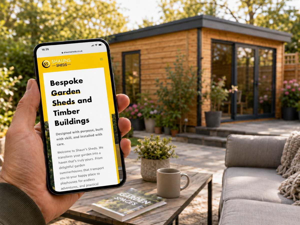 Shaun’s Sheds website on mobile in the garden